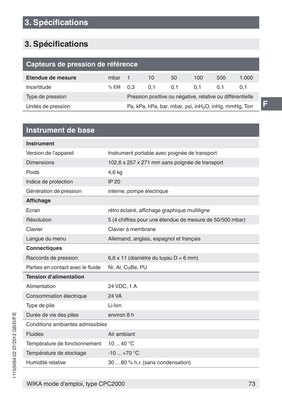 F3. spécifications, Spécifications, Instrument de base | Capteurs de pression de référence | WIKA CPC2000 User Manual | Page 73 / 132