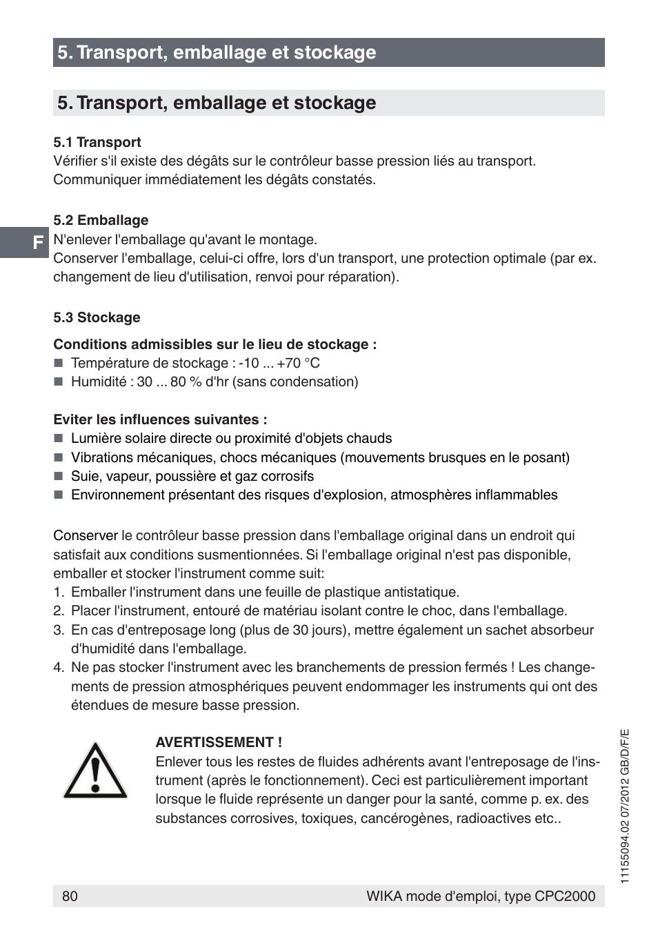 F5. transport, emballage et stockage, Transport, emballage et stockage | WIKA CPC2000 User Manual | Page 80 / 132