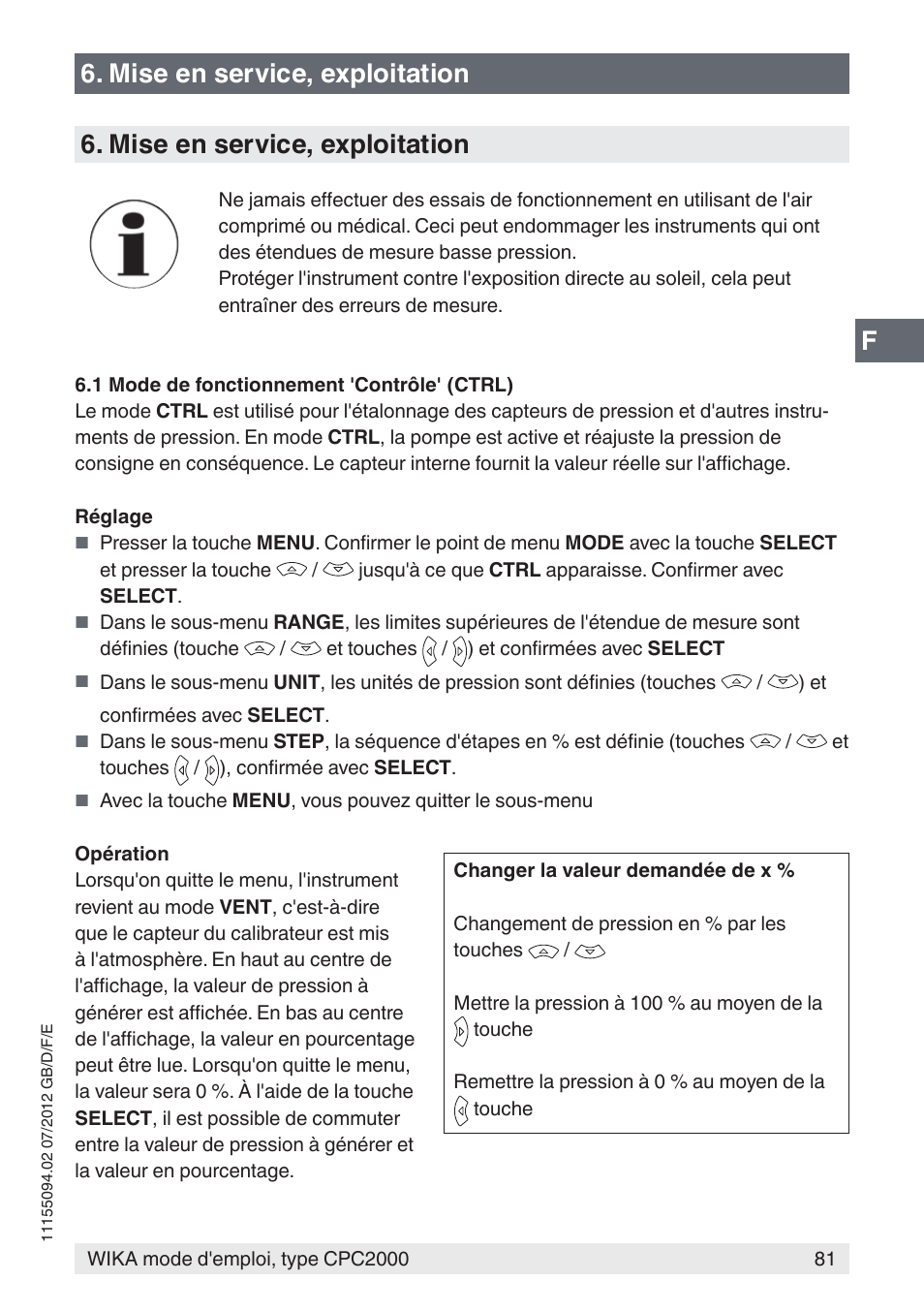 F6. mise en service, exploitation, Mise en service, exploitation | WIKA CPC2000 User Manual | Page 81 / 132
