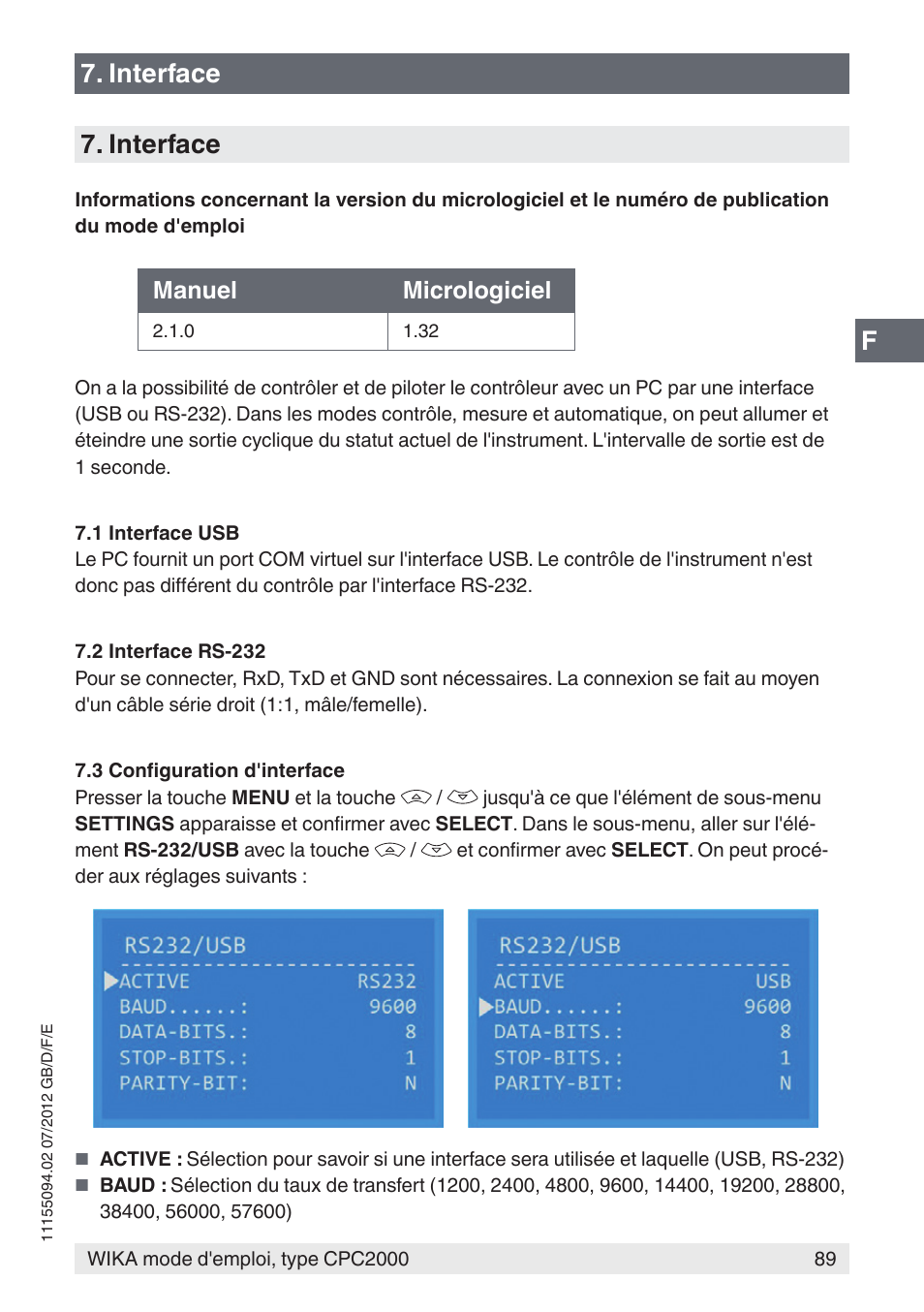 F7. interface, Interface, Manuel micrologiciel | WIKA CPC2000 User Manual | Page 89 / 132