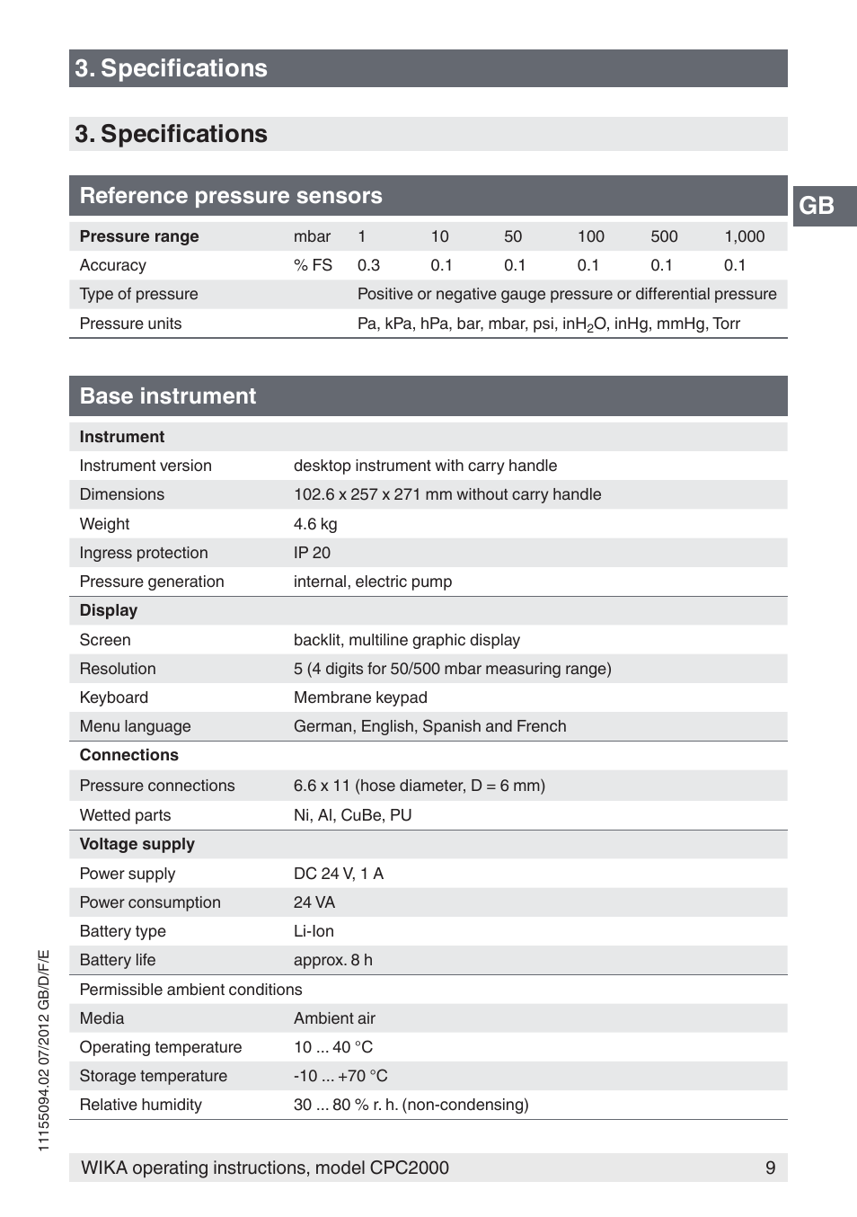 Gb 3. specifications 3. specifications, Reference pressure sensors, Base instrument | WIKA CPC2000 User Manual | Page 9 / 132