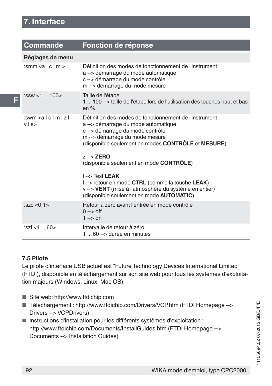 Interface, Commande fonction de réponse | WIKA CPC2000 User Manual | Page 92 / 132