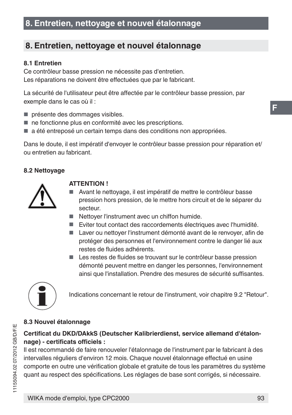 F8. entretien, nettoyage et nouvel étalonnage, Entretien, nettoyage et nouvel étalonnage | WIKA CPC2000 User Manual | Page 93 / 132