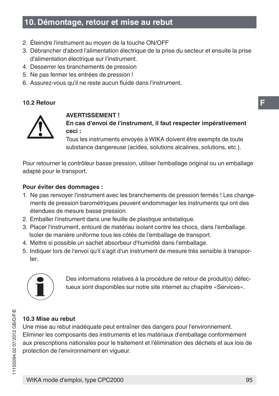 F10. démontage, retour et mise au rebut | WIKA CPC2000 User Manual | Page 95 / 132