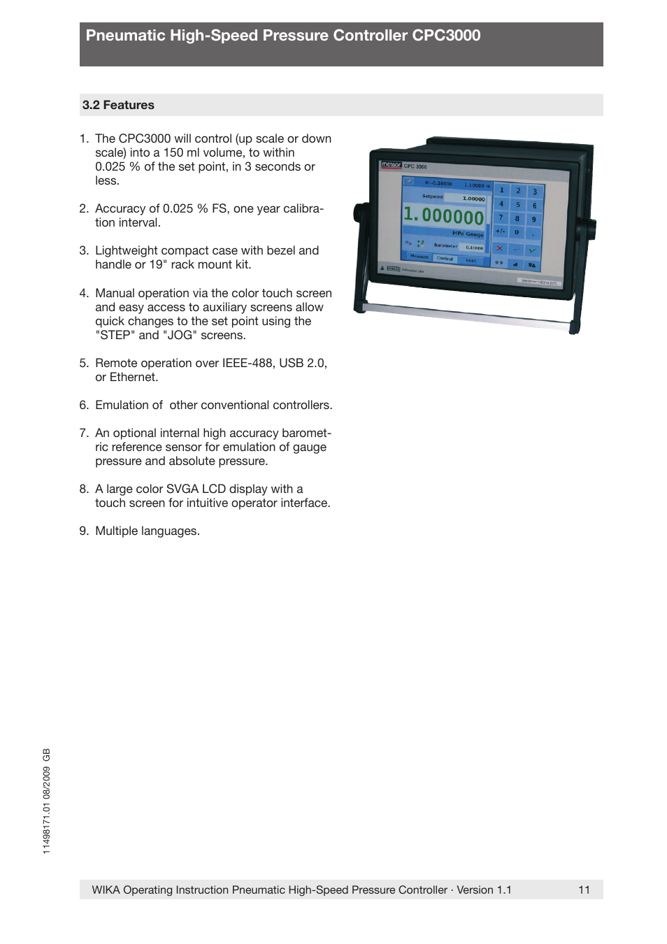 Pneumatic high-speed pressure controller cpc3000 | WIKA CPC3000 User Manual | Page 11 / 68