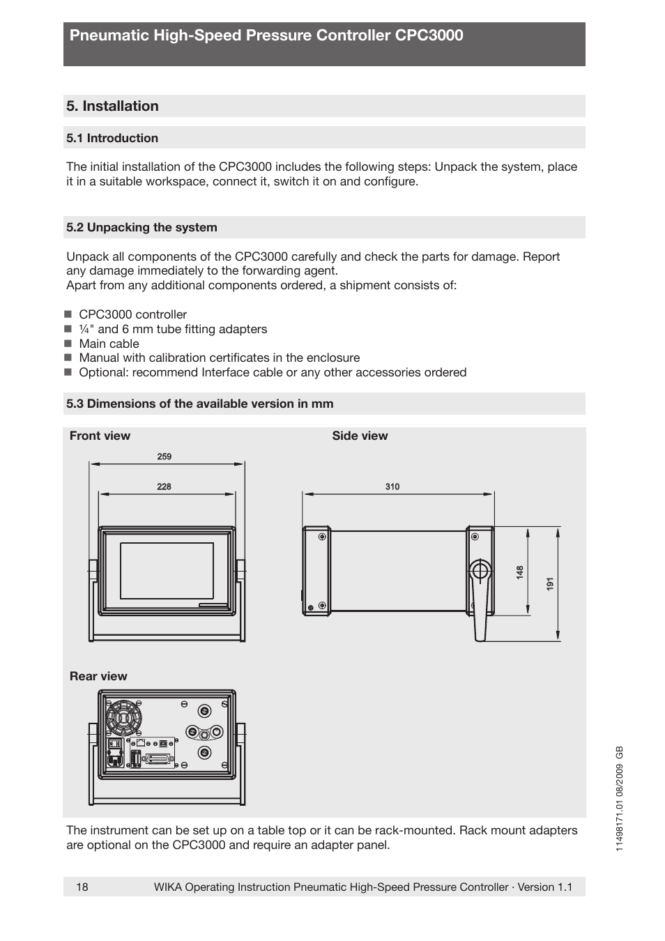 Pneumatic high-speed pressure controller cpc3000, Installation | WIKA CPC3000 User Manual | Page 18 / 68