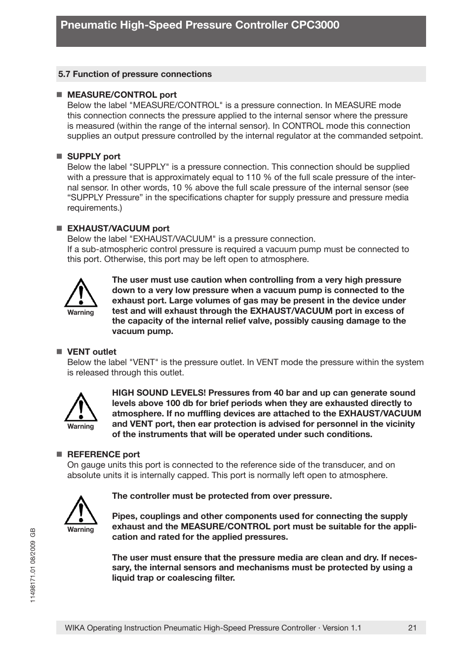 Pneumatic high-speed pressure controller cpc3000 | WIKA CPC3000 User Manual | Page 21 / 68