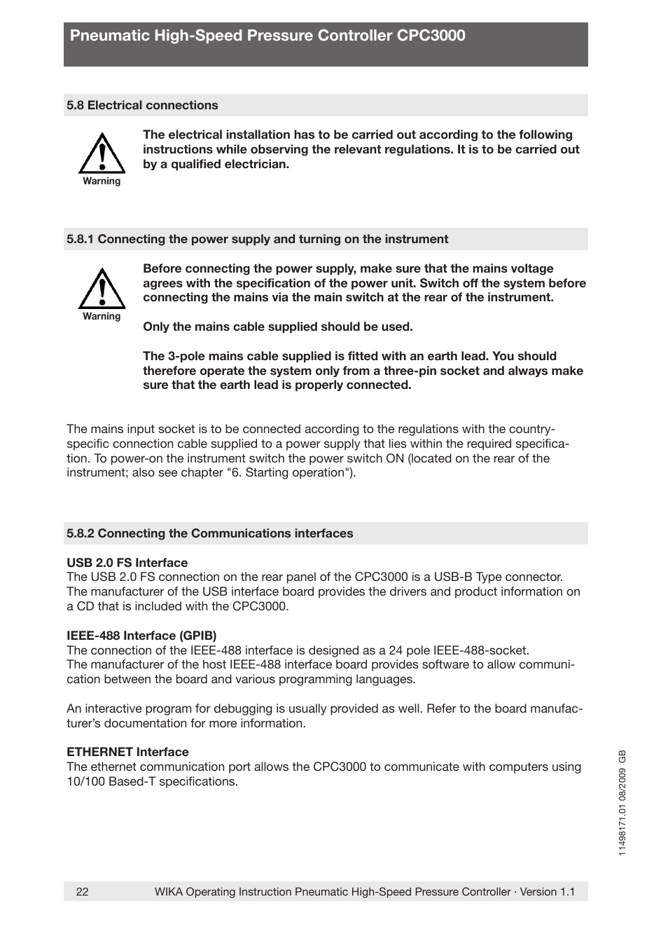 Pneumatic high-speed pressure controller cpc3000 | WIKA CPC3000 User Manual | Page 22 / 68