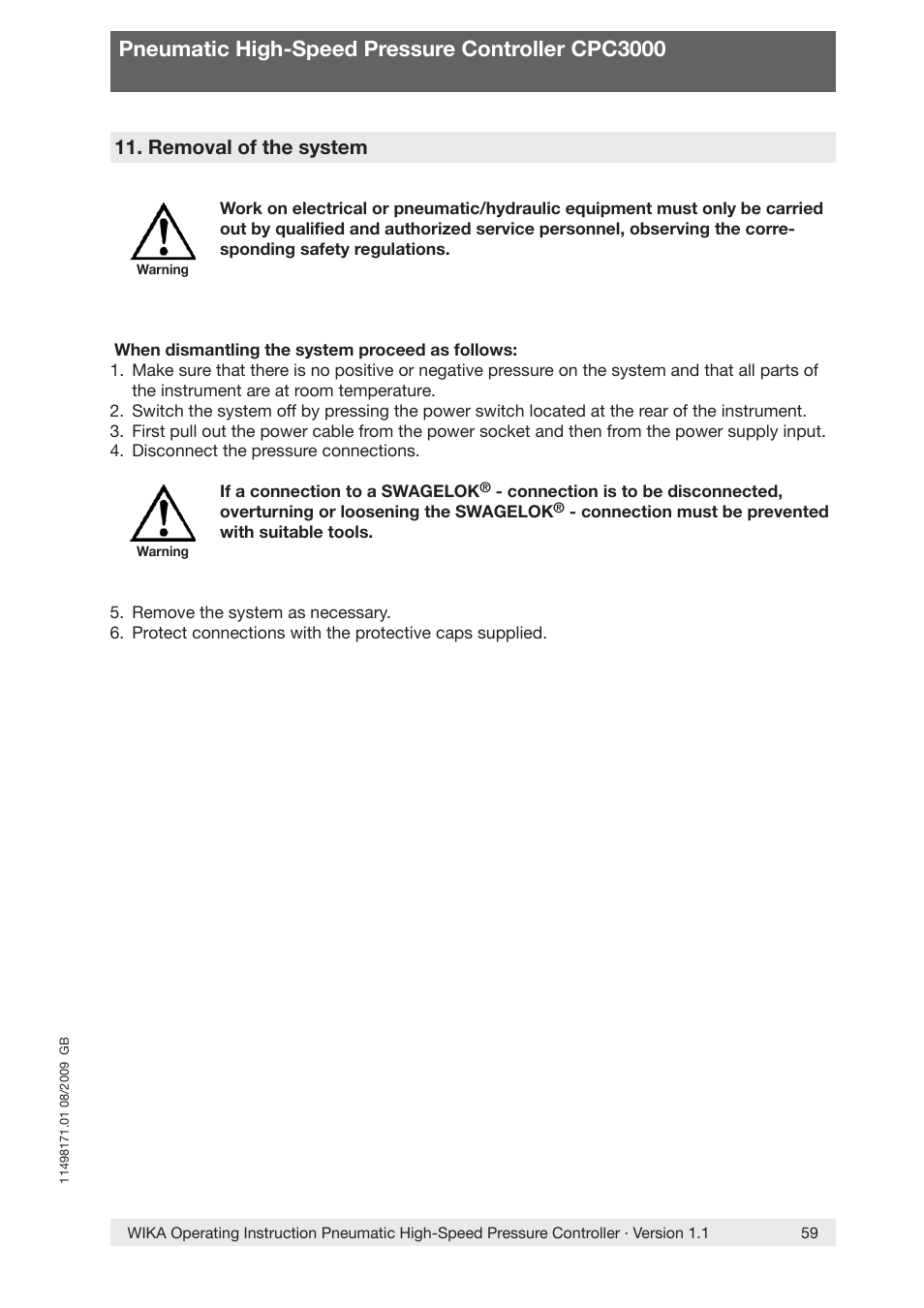 Pneumatic high-speed pressure controller cpc3000, Removal of the system | WIKA CPC3000 User Manual | Page 59 / 68