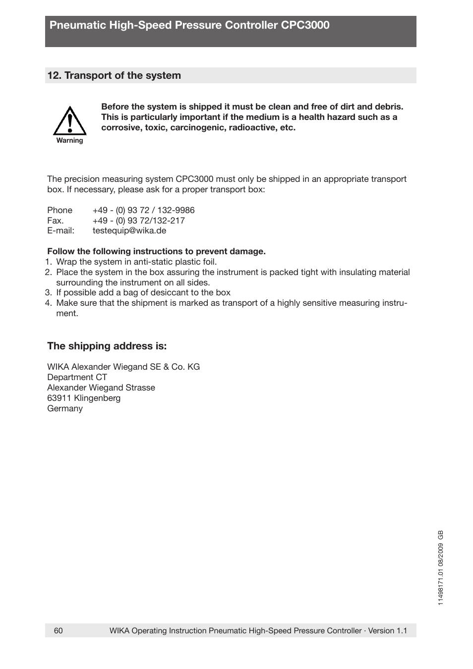 Pneumatic high-speed pressure controller cpc3000 | WIKA CPC3000 User Manual | Page 60 / 68