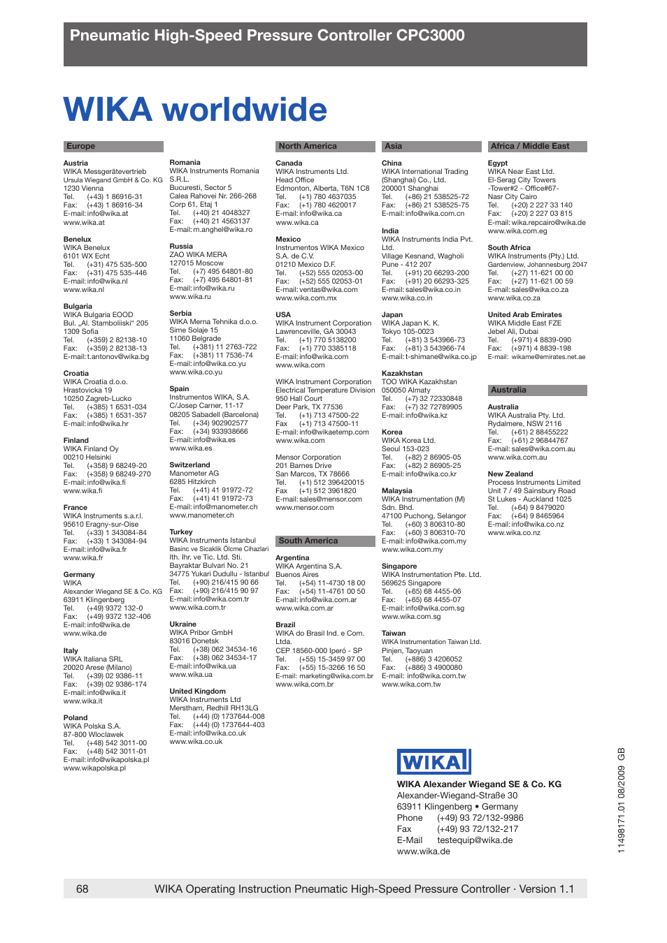 Wika worldwide, Pneumatic high-speed pressure controller cpc3000 | WIKA CPC3000 User Manual | Page 68 / 68