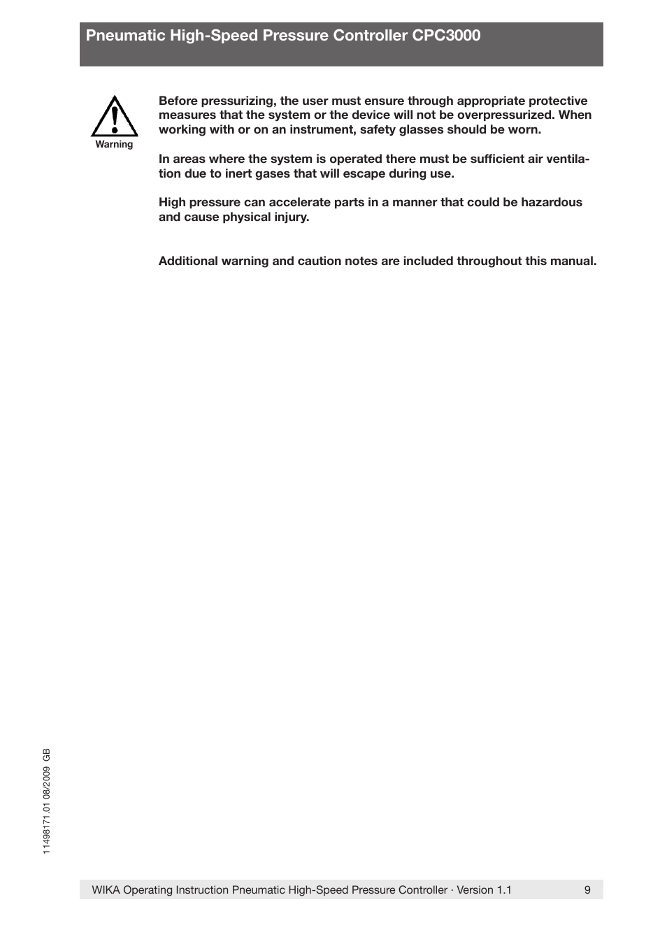 Pneumatic high-speed pressure controller cpc3000 | WIKA CPC3000 User Manual | Page 9 / 68