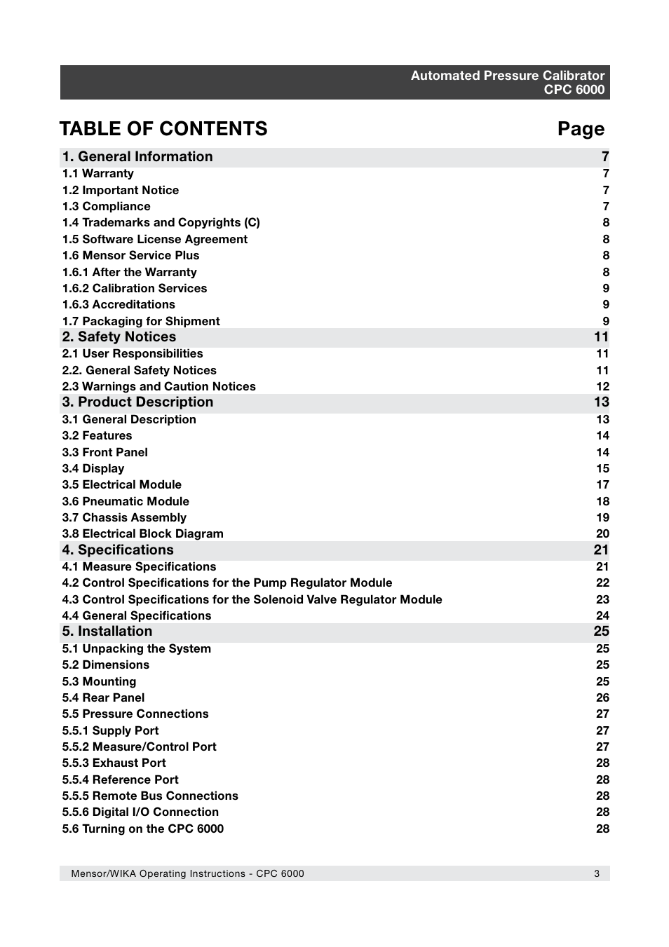 Table of contents page | WIKA CPC6000 User Manual | Page 3 / 104