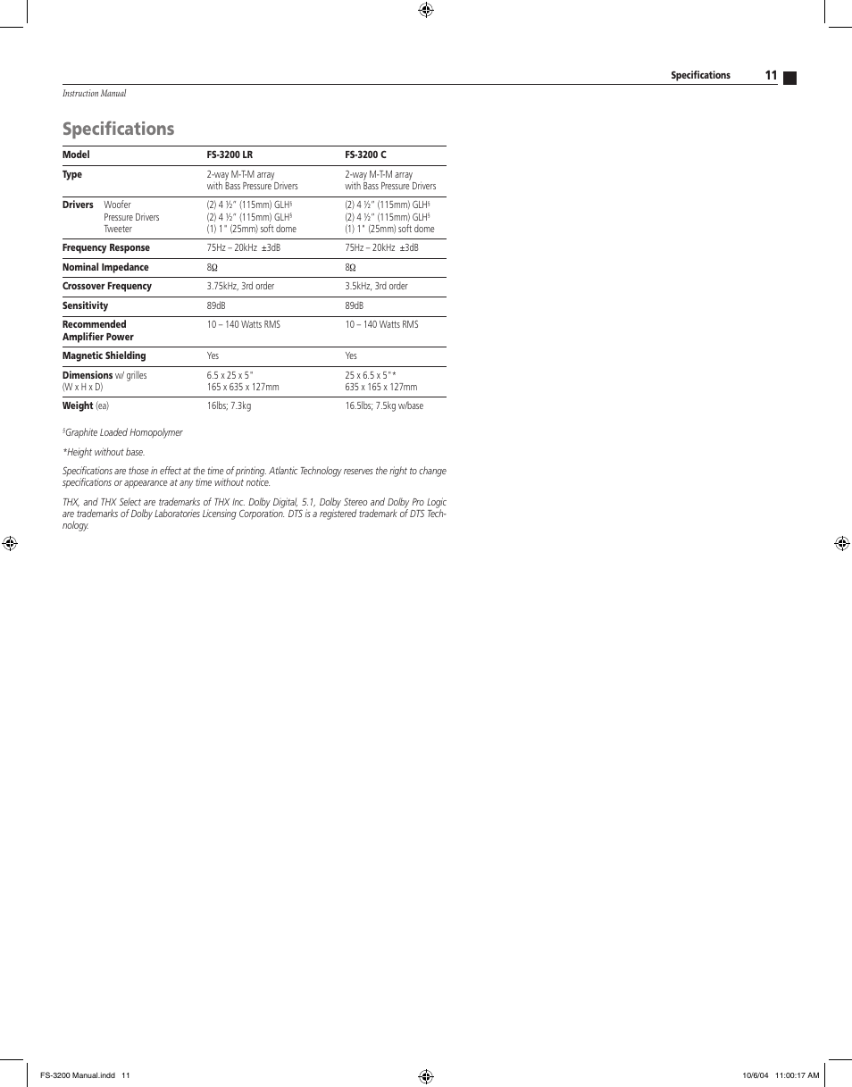 Speciﬁcations | Atlantic Technology High Performance Loudspeaker Components FS-3200 User Manual | Page 11 / 12