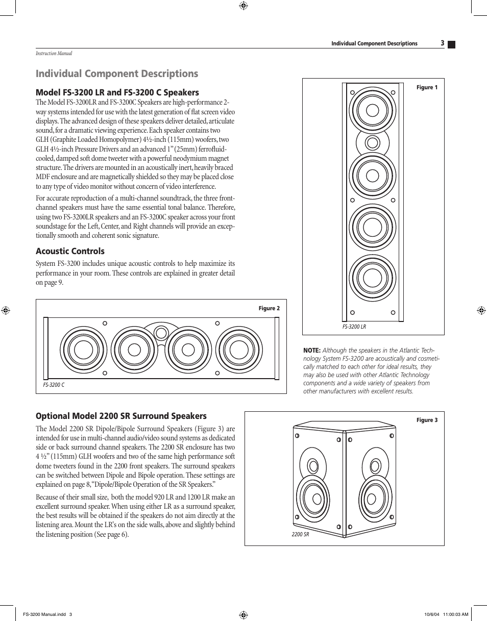 Individual component descriptions, Acoustic controls, Optional model 2200 sr surround speakers | Atlantic Technology High Performance Loudspeaker Components FS-3200 User Manual | Page 3 / 12