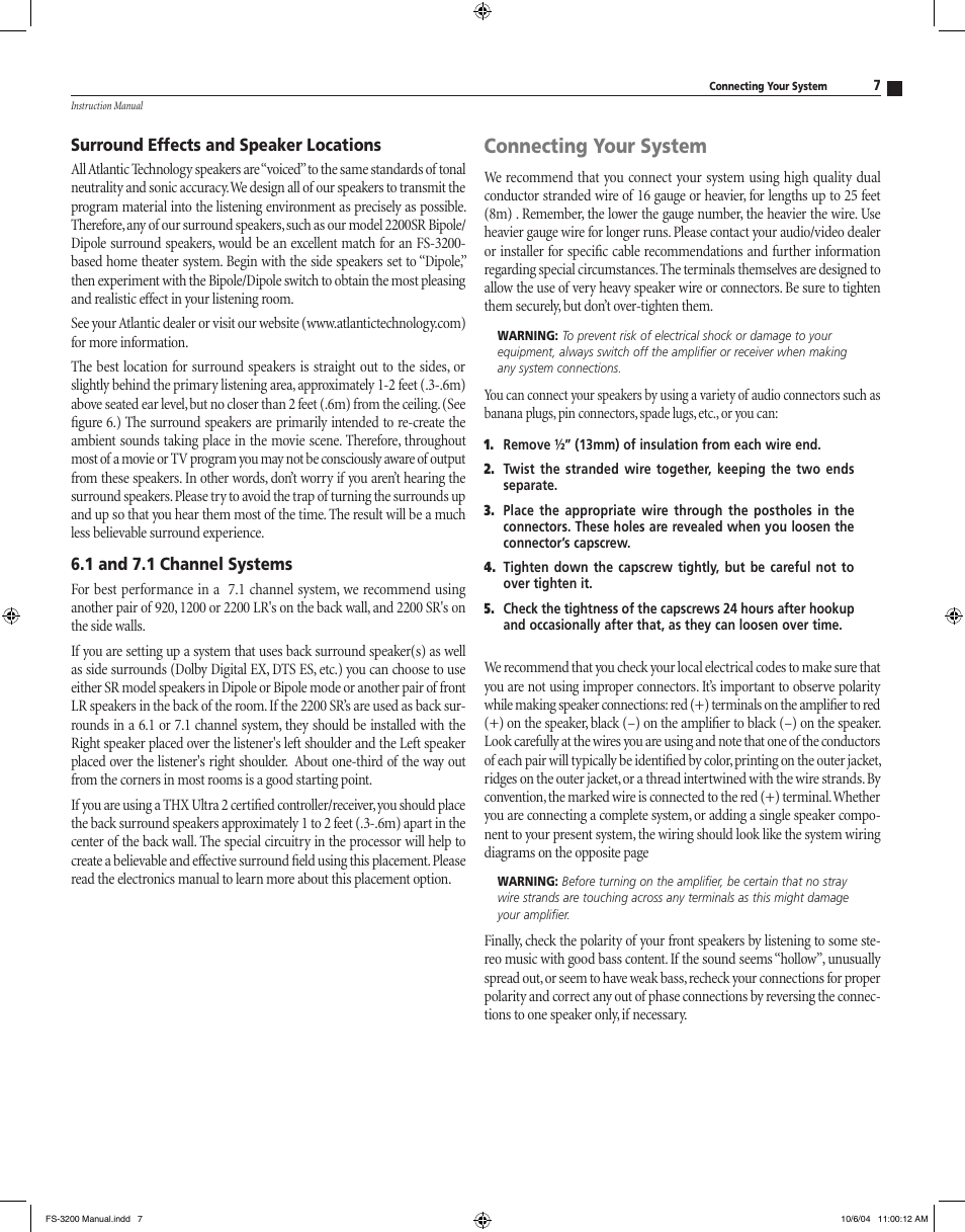 Connecting your system | Atlantic Technology High Performance Loudspeaker Components FS-3200 User Manual | Page 7 / 12