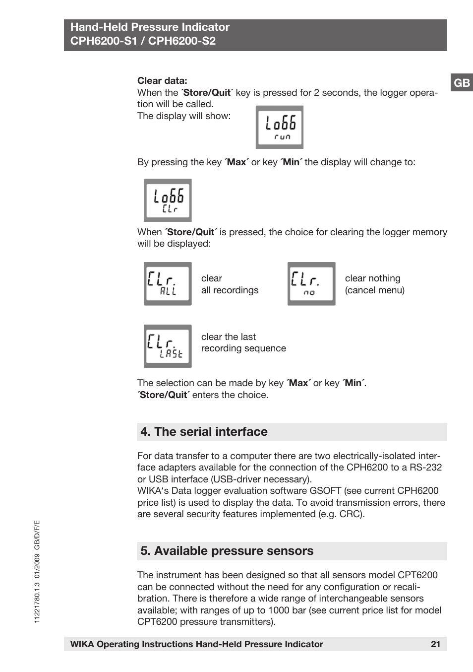 The serial interface, Available pressure sensors | WIKA CPH6200 User Manual | Page 21 / 100