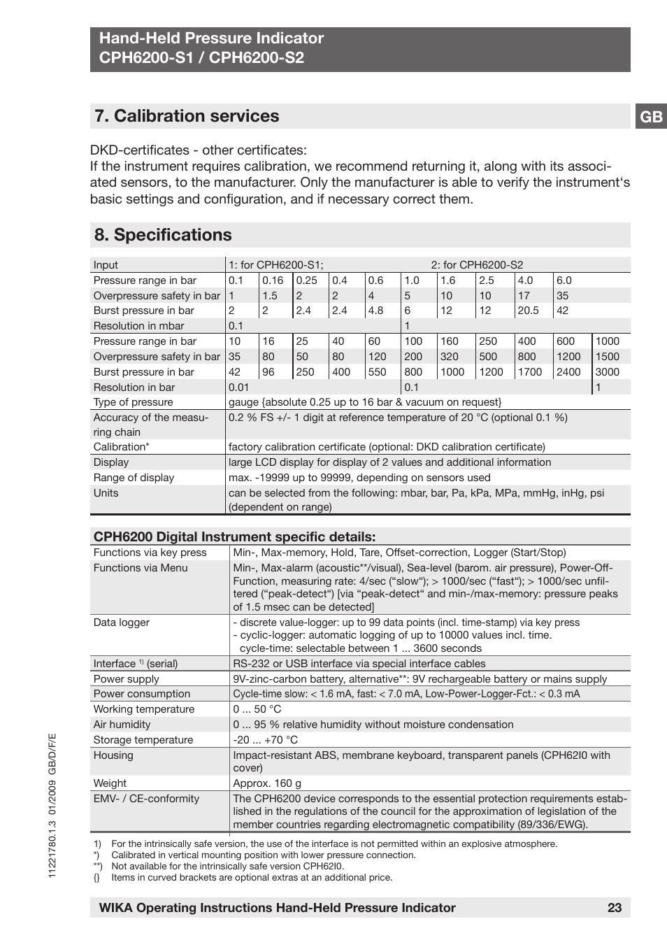 Calibration services, Specifications, Cph6200 digital instrument specific details | WIKA CPH6200 User Manual | Page 23 / 100