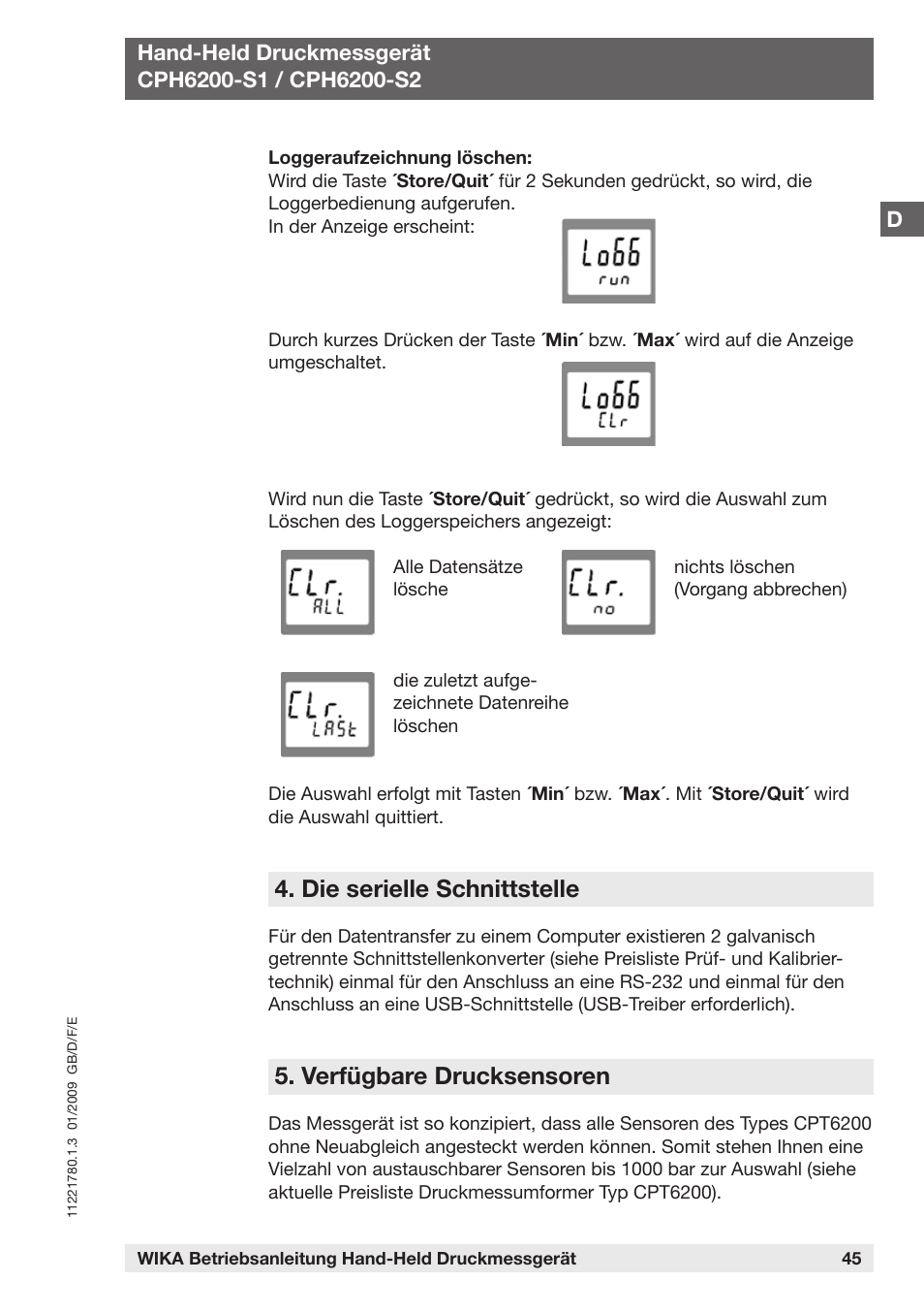 Die serielle schnittstelle, Verfügbare drucksensoren | WIKA CPH6200 User Manual | Page 45 / 100