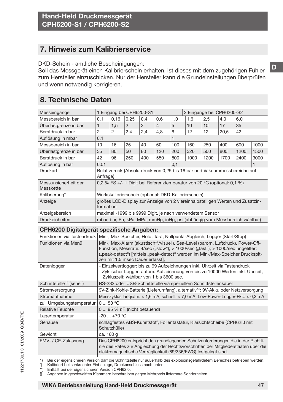 Hinweis zum kalibrierservice, Technische daten, Cph6200 digitalgerät spezifische angaben | WIKA CPH6200 User Manual | Page 47 / 100