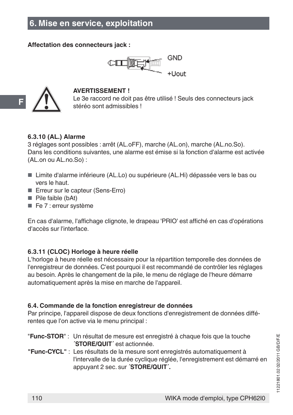 Mise en service, exploitation | WIKA CPH62I0 User Manual | Page 110 / 160