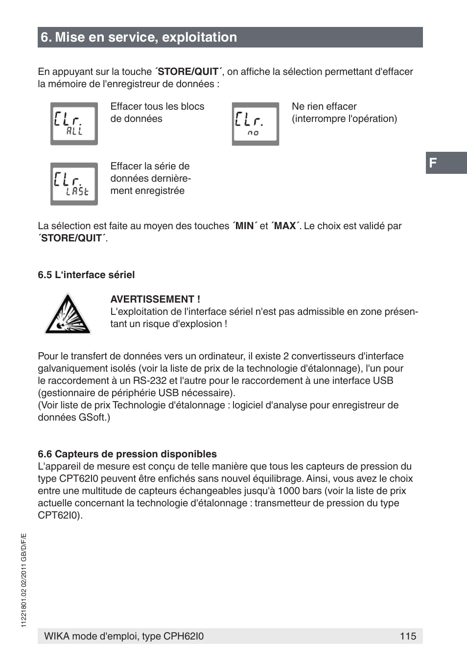 Mise en service, exploitation | WIKA CPH62I0 User Manual | Page 115 / 160