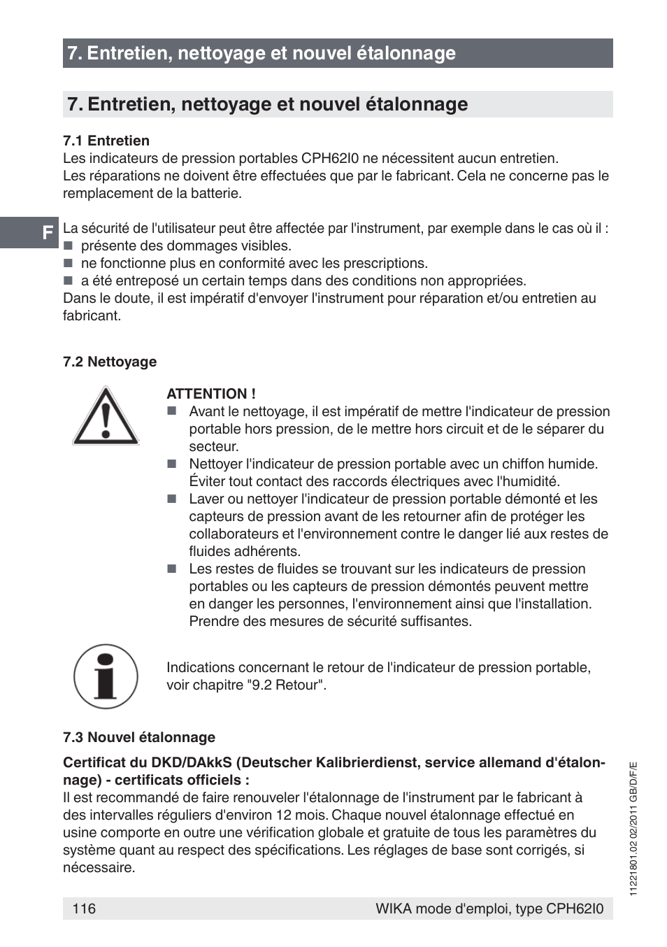 Entretien, nettoyage et nouvel étalonnage | WIKA CPH62I0 User Manual | Page 116 / 160