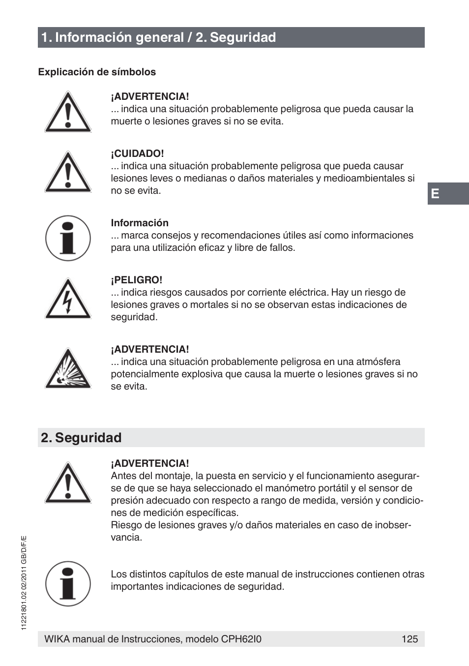 Información general / 2. seguridad, Seguridad | WIKA CPH62I0 User Manual | Page 125 / 160