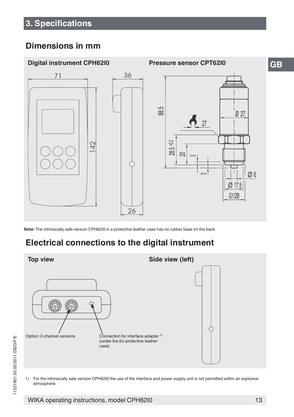 Gb 3. specifications dimensions in mm, Electrical connections to the digital instrument | WIKA CPH62I0 User Manual | Page 13 / 160