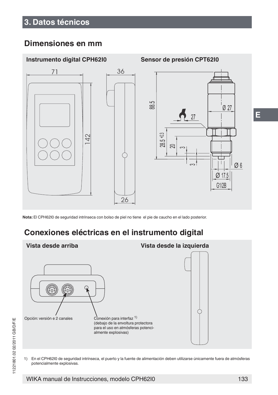 Datos técnicos dimensiones en mm, Conexiones eléctricas en el instrumento digital | WIKA CPH62I0 User Manual | Page 133 / 160