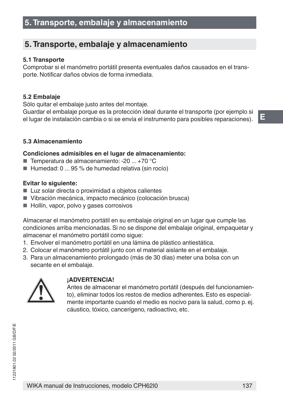 Transporte, embalaje y almacenamiento | WIKA CPH62I0 User Manual | Page 137 / 160