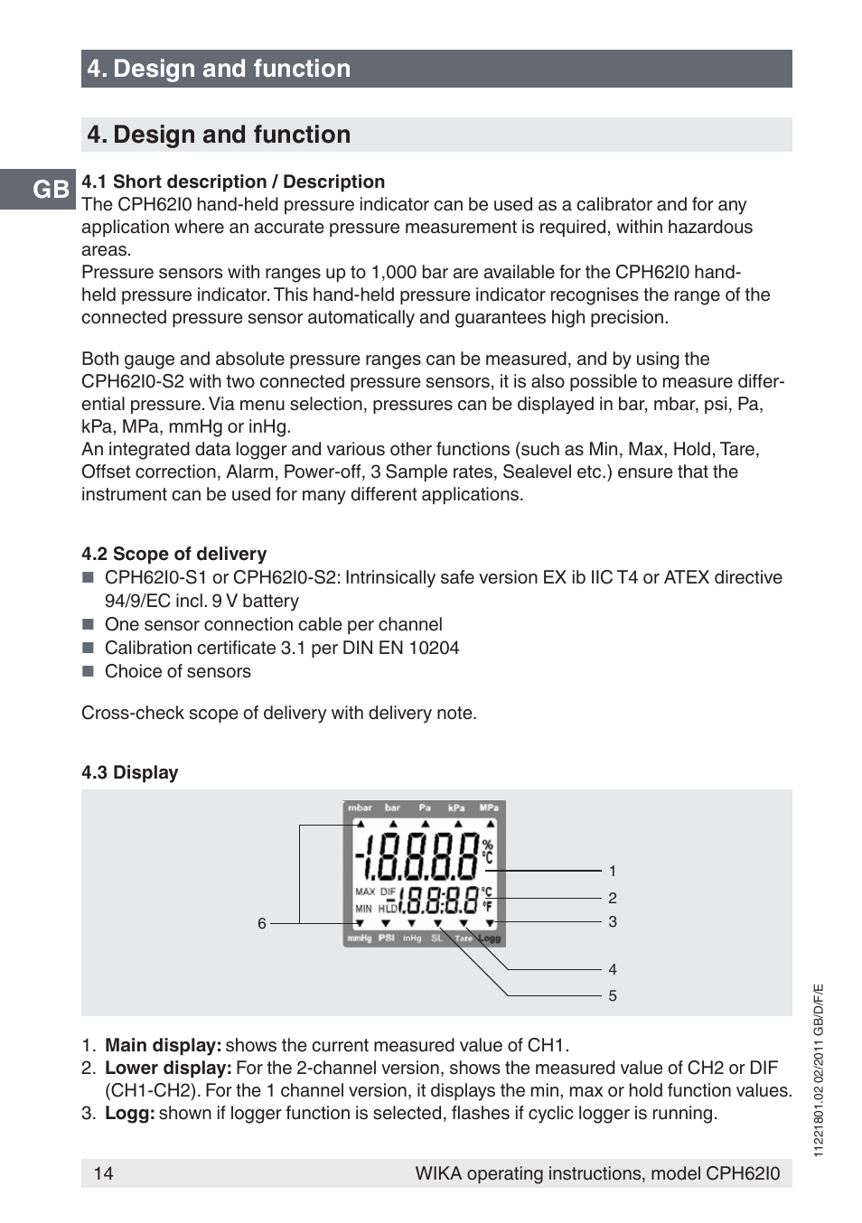 Gb 4. design and function, Design and function | WIKA CPH62I0 User Manual | Page 14 / 160