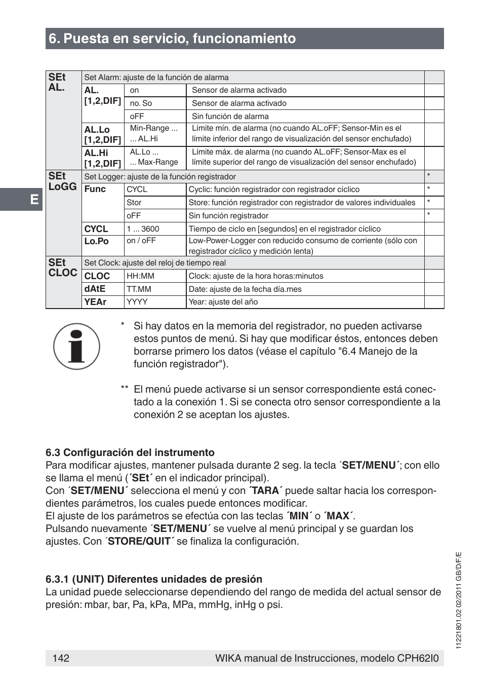 Puesta en servicio, funcionamiento | WIKA CPH62I0 User Manual | Page 142 / 160