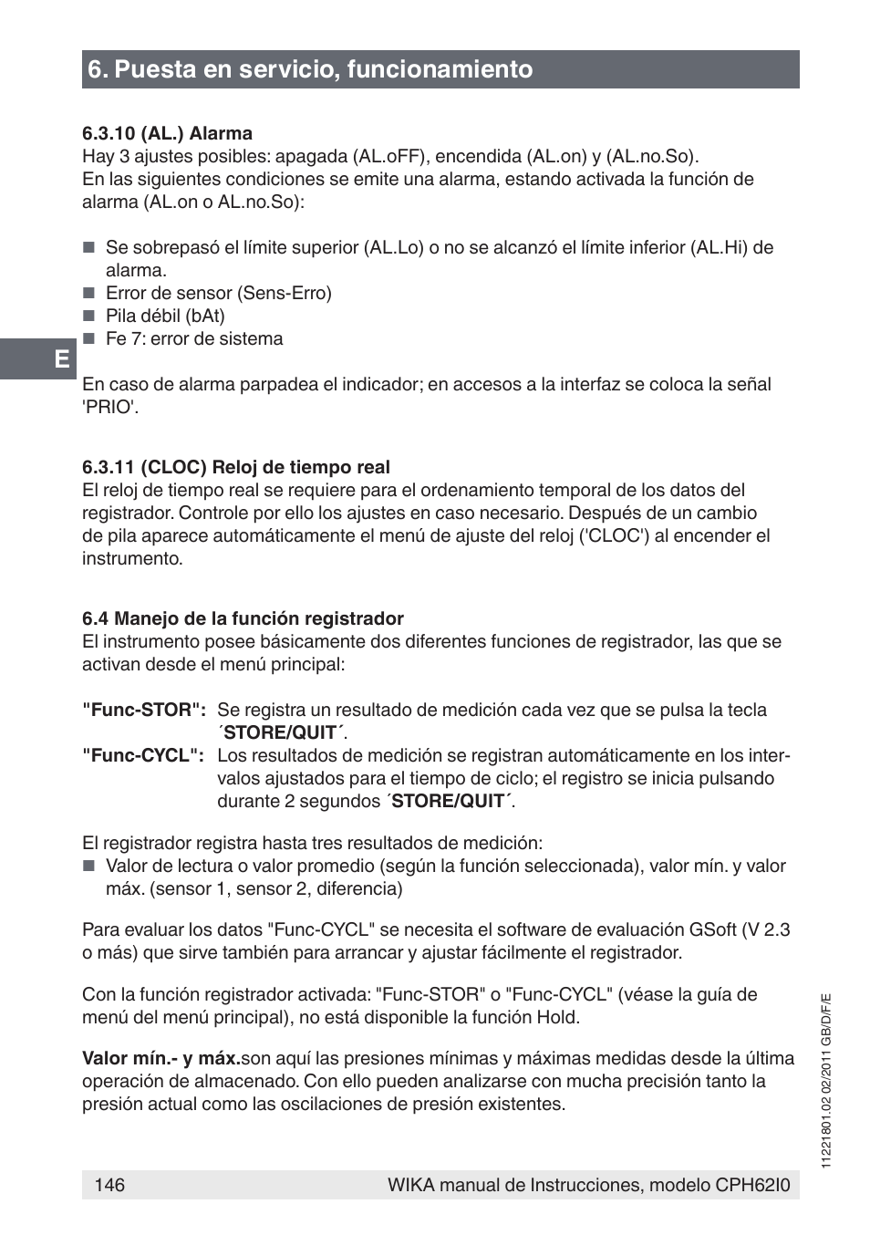 Puesta en servicio, funcionamiento | WIKA CPH62I0 User Manual | Page 146 / 160