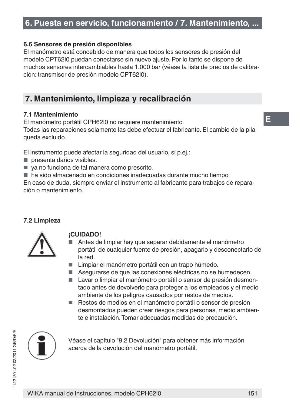 Mantenimiento, limpieza y recalibración | WIKA CPH62I0 User Manual | Page 151 / 160