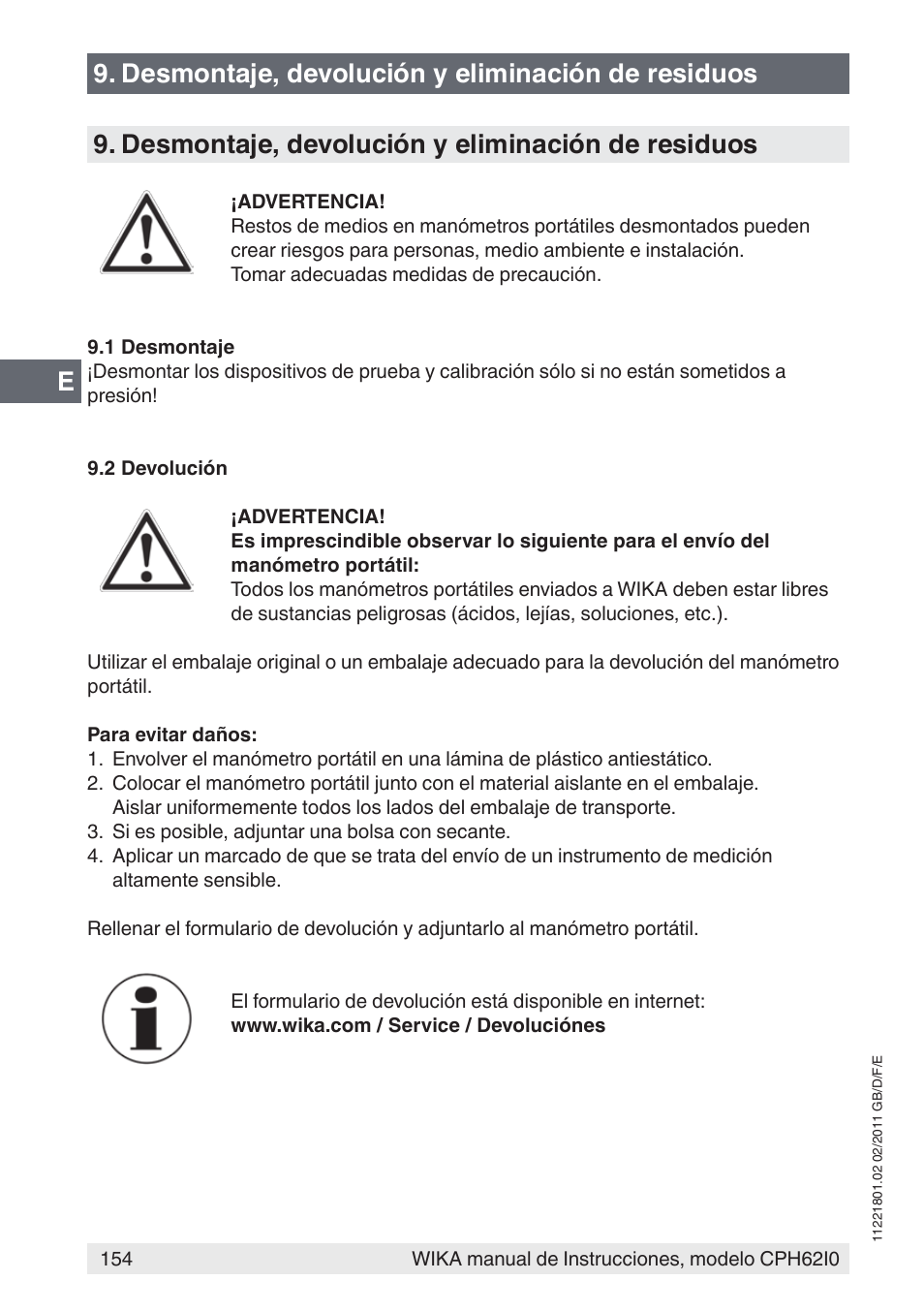 Desmontaje, devolución y eliminación de residuos | WIKA CPH62I0 User Manual | Page 154 / 160