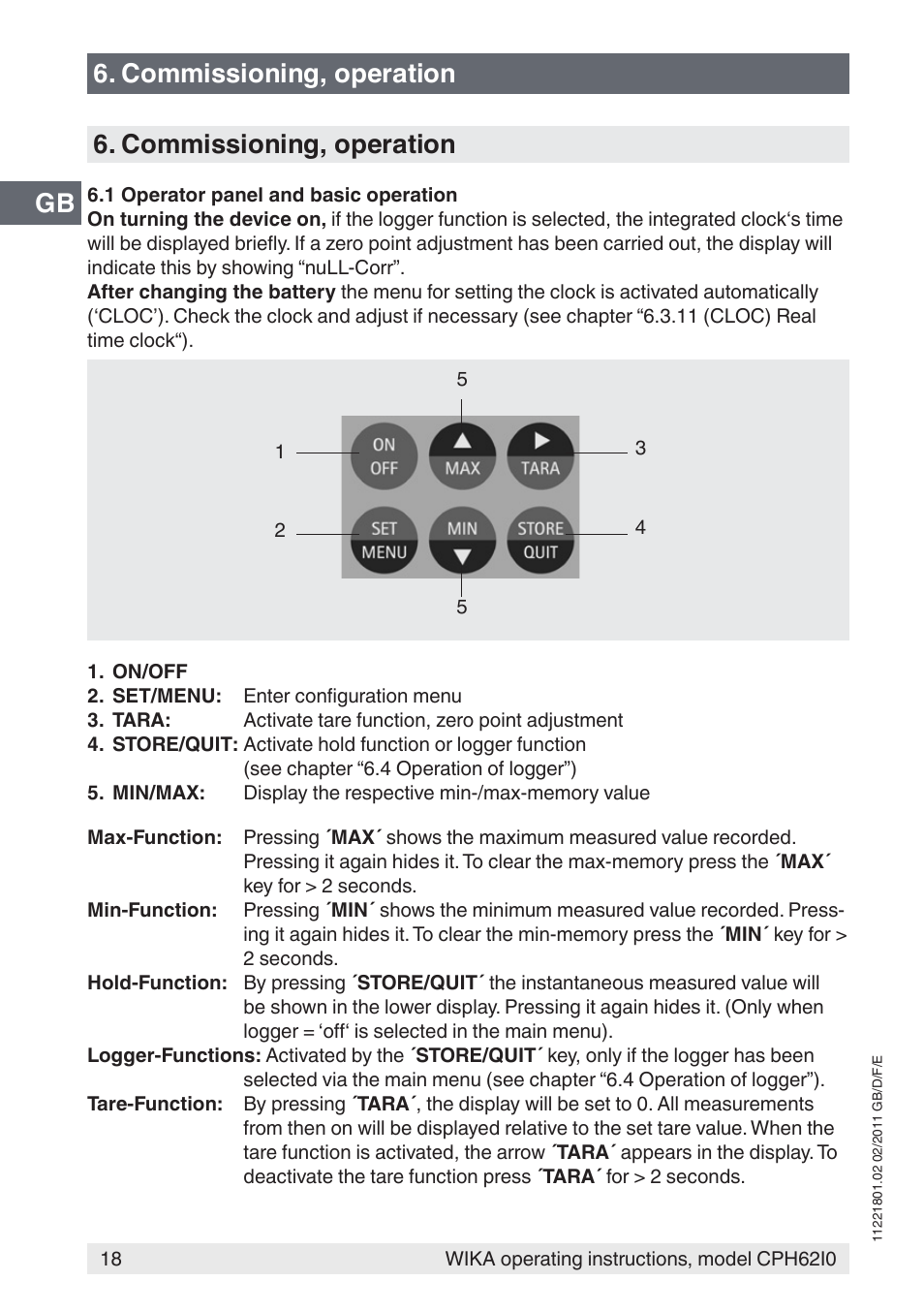 Gb 6. commissioning, operation, Commissioning, operation | WIKA CPH62I0 User Manual | Page 18 / 160