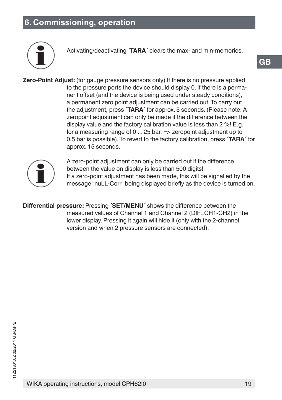 Gb 6. commissioning, operation | WIKA CPH62I0 User Manual | Page 19 / 160