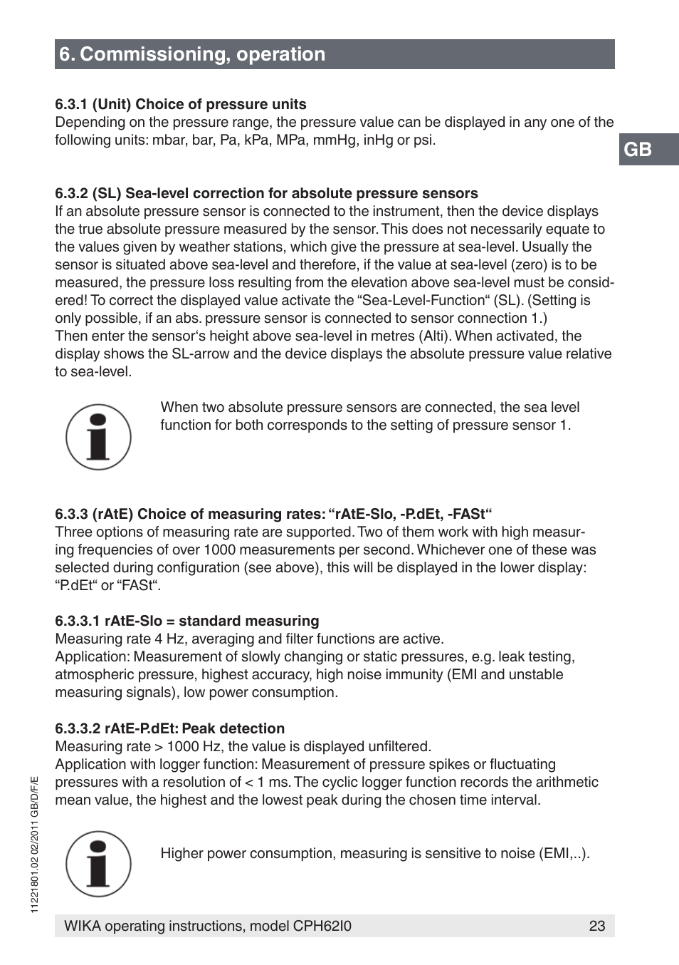 Gb 6. commissioning, operation | WIKA CPH62I0 User Manual | Page 23 / 160