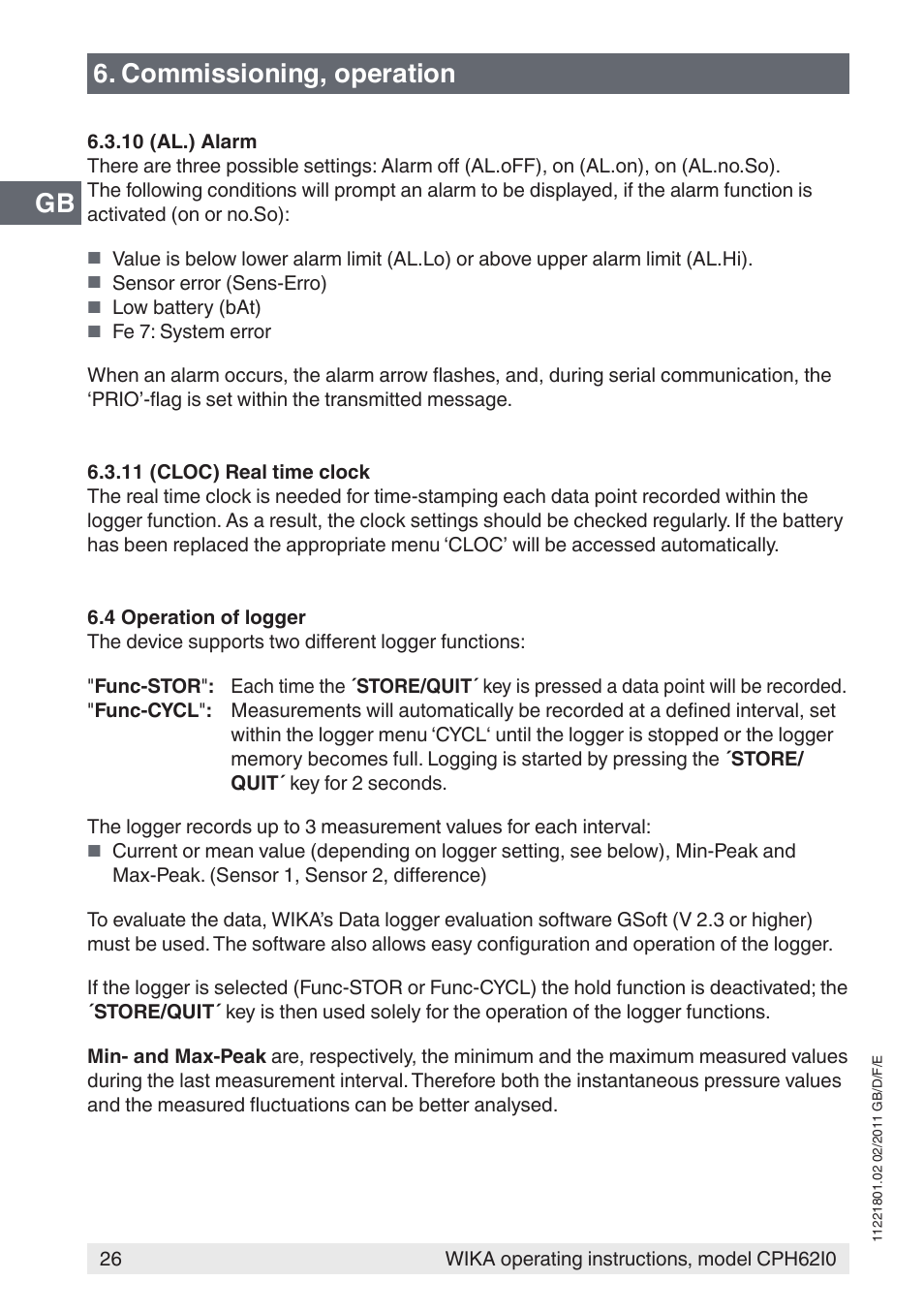 Gb 6. commissioning, operation | WIKA CPH62I0 User Manual | Page 26 / 160