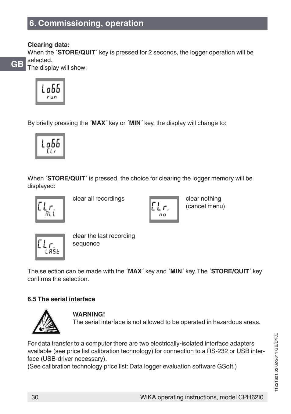 Gb 6. commissioning, operation | WIKA CPH62I0 User Manual | Page 30 / 160