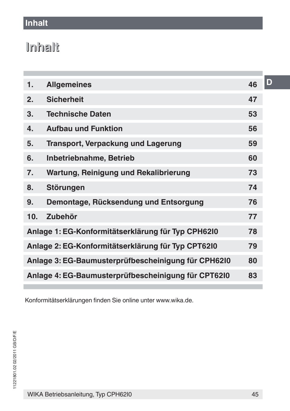 Inhalt | WIKA CPH62I0 User Manual | Page 45 / 160