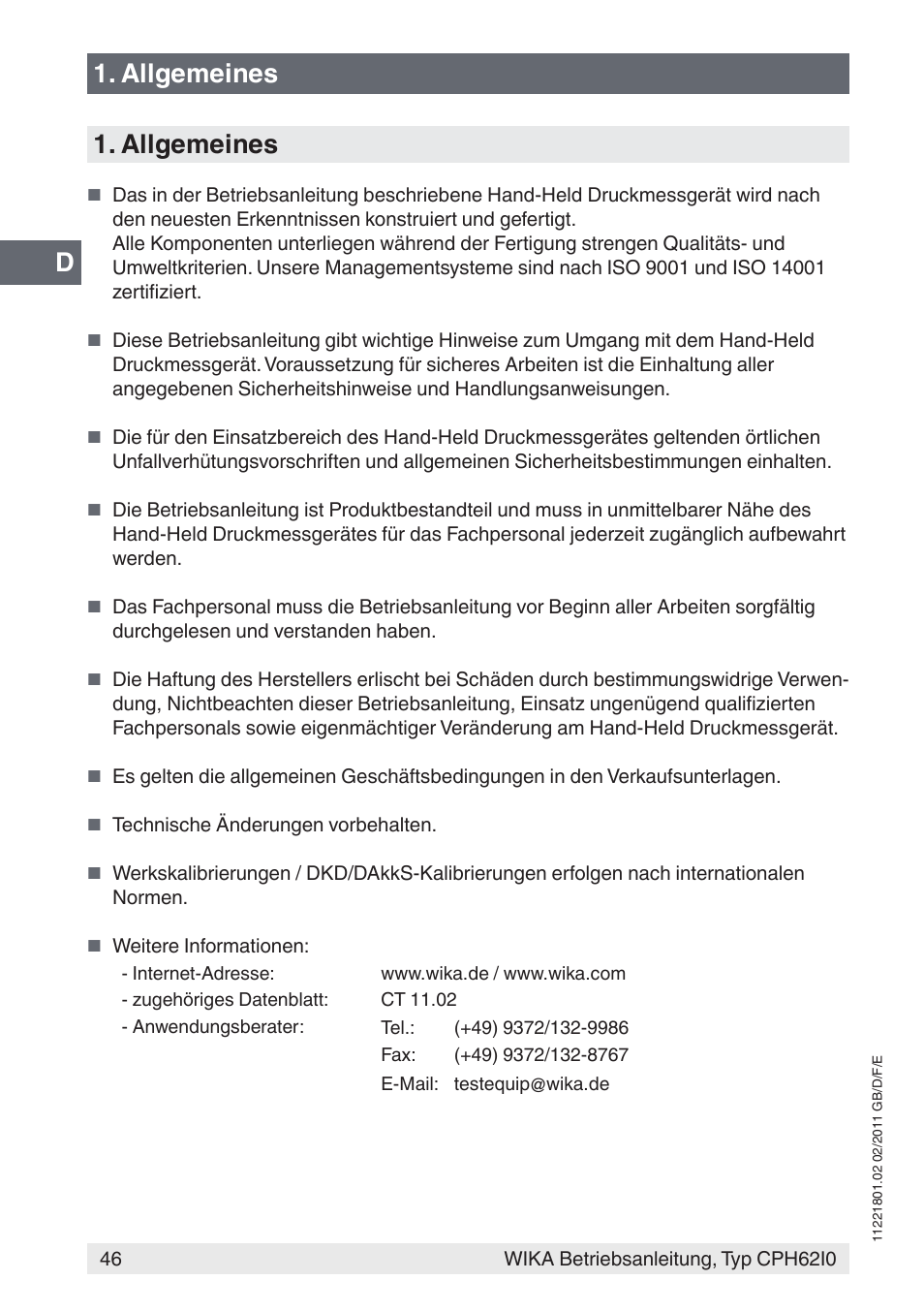 Allgemeines | WIKA CPH62I0 User Manual | Page 46 / 160