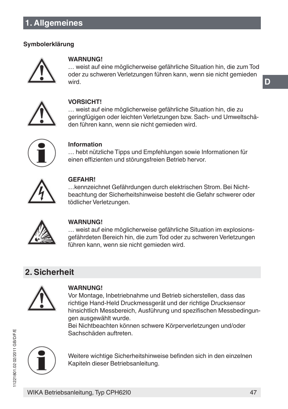 Allgemeines, Sicherheit | WIKA CPH62I0 User Manual | Page 47 / 160