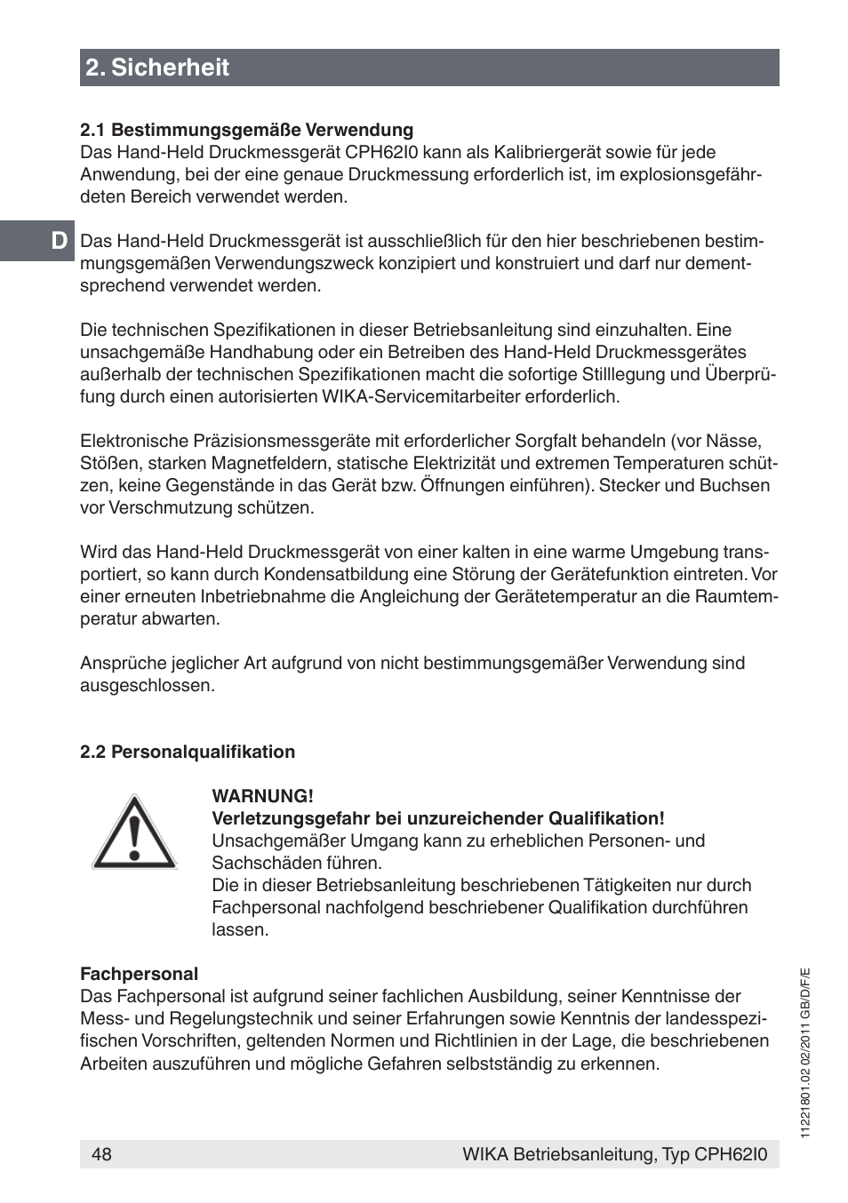 Sicherheit | WIKA CPH62I0 User Manual | Page 48 / 160