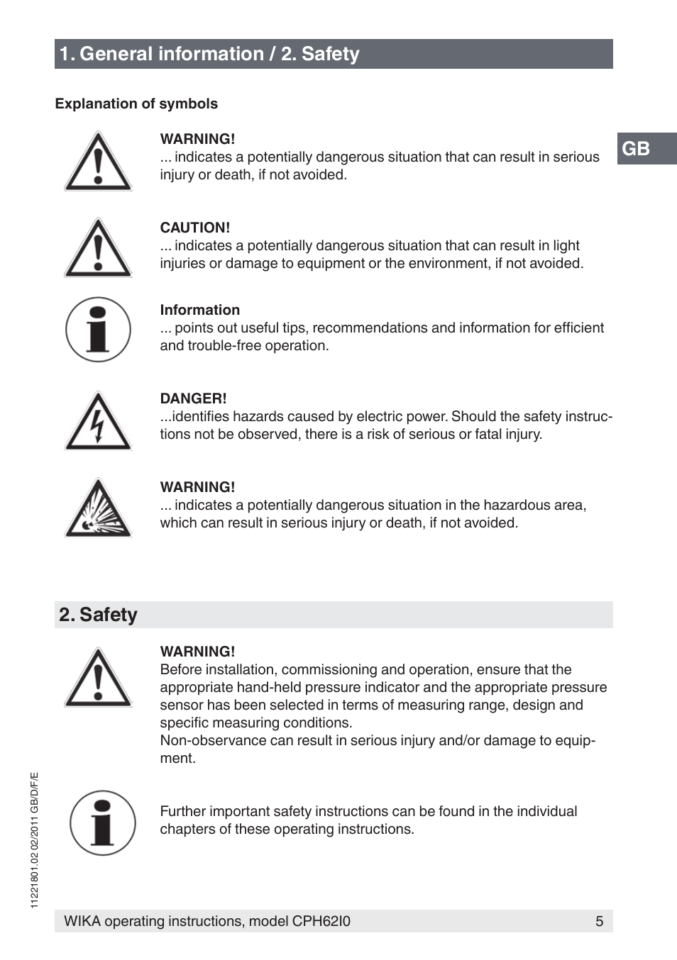 Gb 1. general information / 2. safety, Safety | WIKA CPH62I0 User Manual | Page 5 / 160