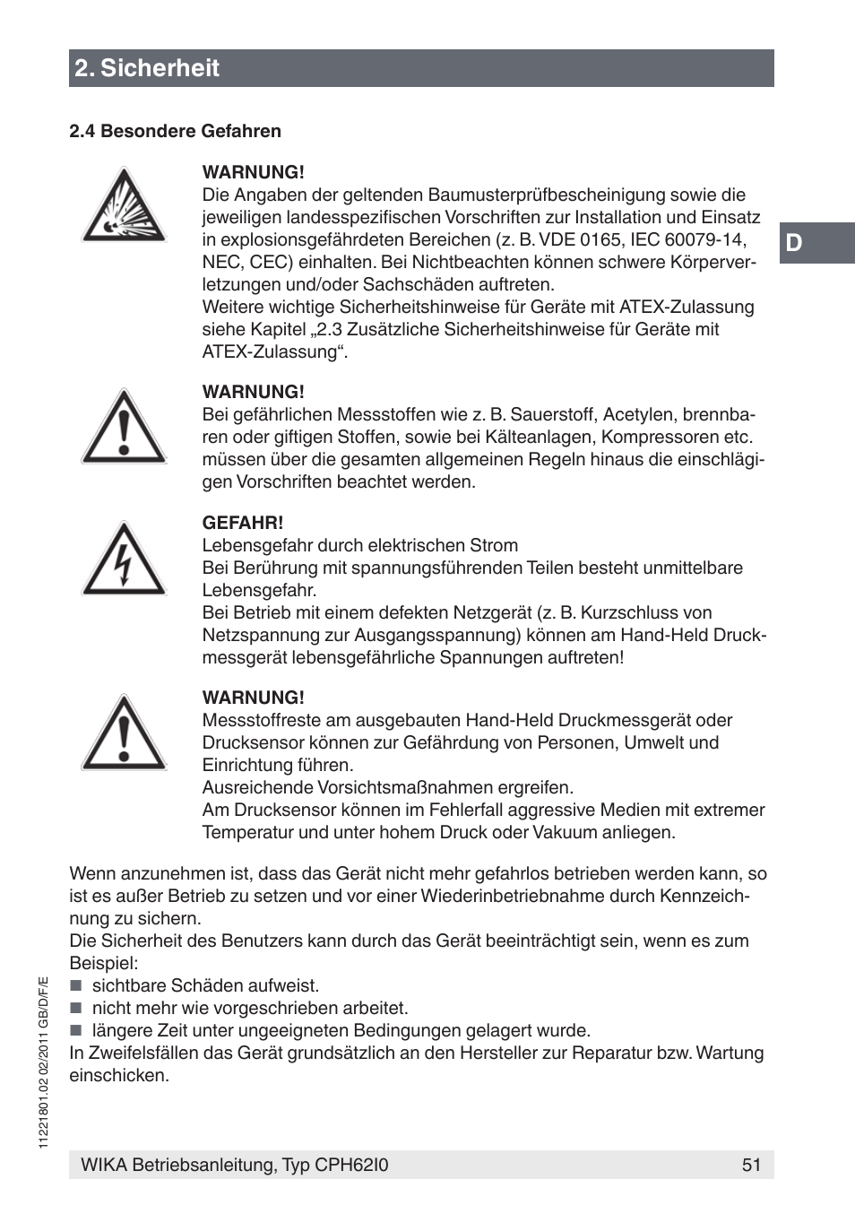 Sicherheit | WIKA CPH62I0 User Manual | Page 51 / 160