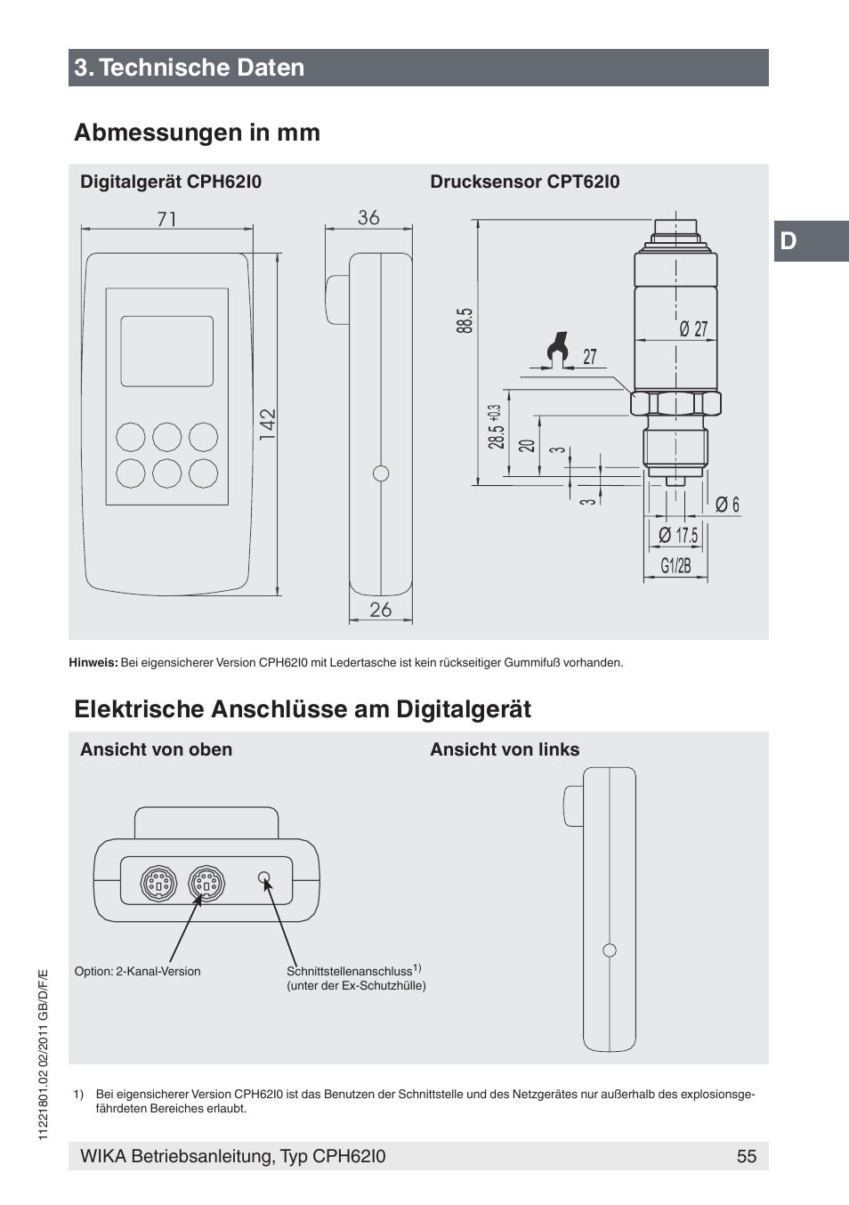 Technische daten abmessungen in mm, Elektrische anschlüsse am digitalgerät | WIKA CPH62I0 User Manual | Page 55 / 160