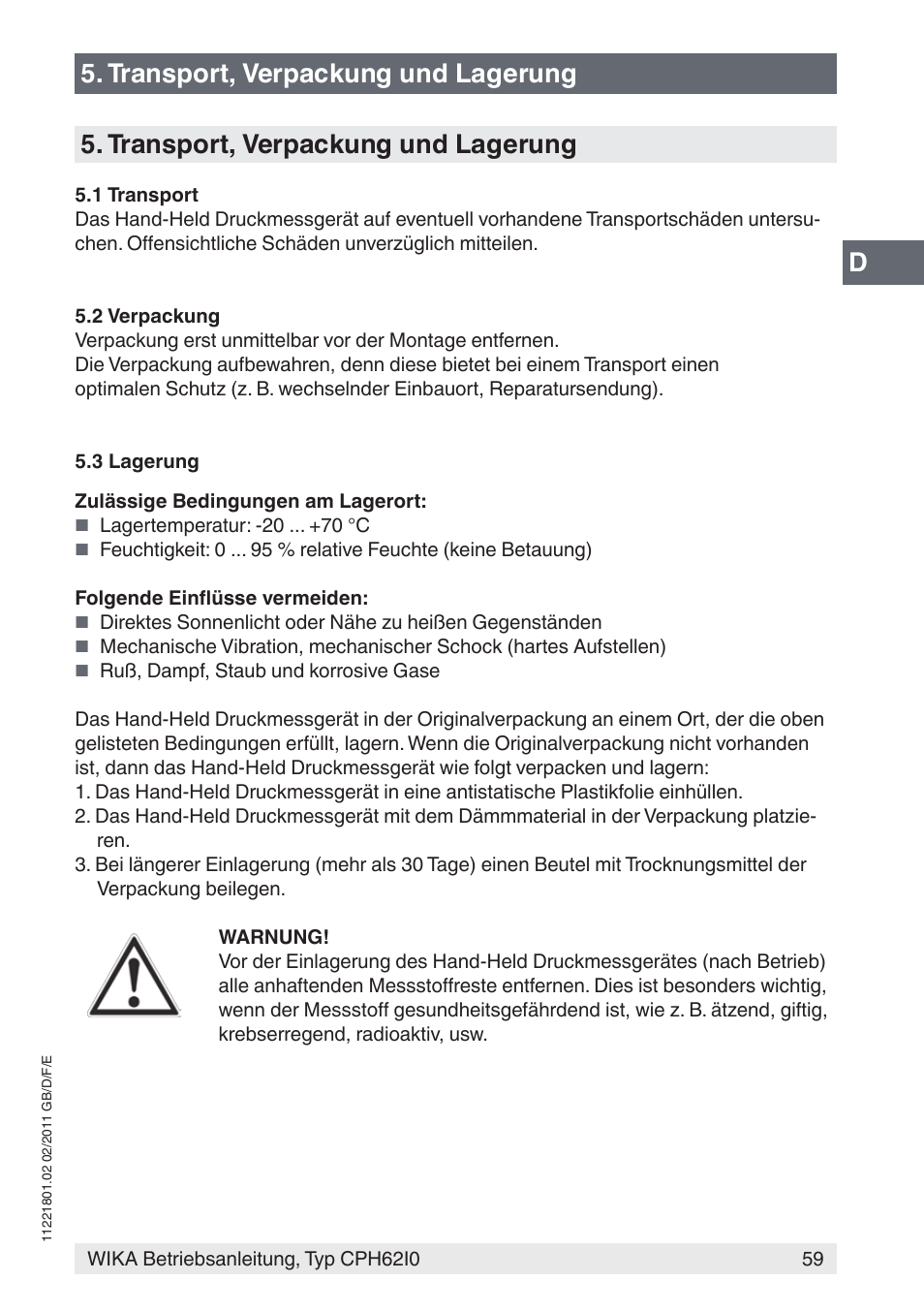 Transport, verpackung und lagerung | WIKA CPH62I0 User Manual | Page 59 / 160