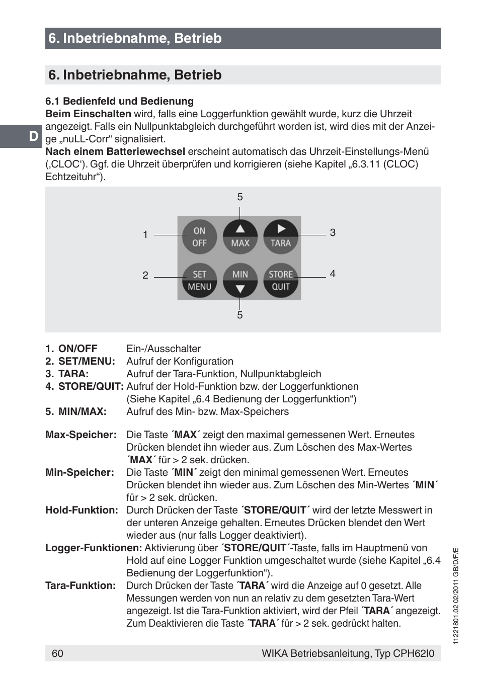 Inbetriebnahme, betrieb | WIKA CPH62I0 User Manual | Page 60 / 160